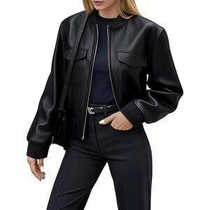 Women's Leather Jacket Faux Cropped Bomber Coat Cute Short Vacation Black